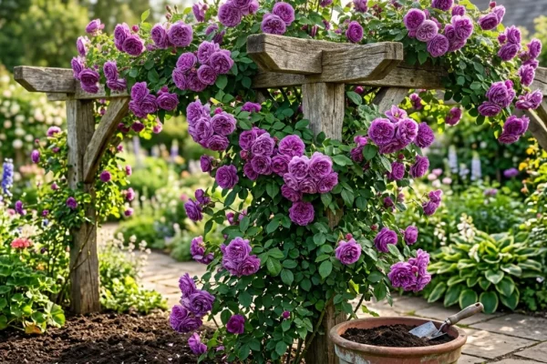 Een weelderig bloeiende lila klimroos, zoals de 'Indigoletta', groeiend langs een houten pergola in een zonnige tuin.