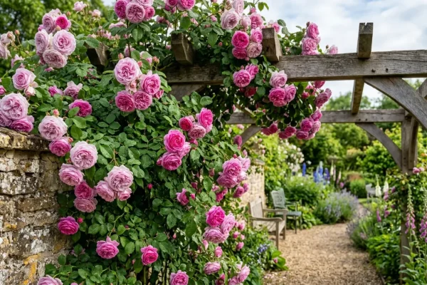 Bloeiende roze klimroos uitgestrekt over een klassieke houten pergola