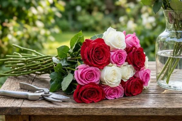 Verse, kleurrijke rozen met lange stelen, direct afgeknipt in een zonnige tuin.