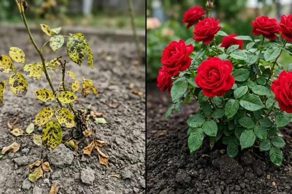 Een rozenstruik met gele bladeren en zwarte vlekken die op de bodem liggen.