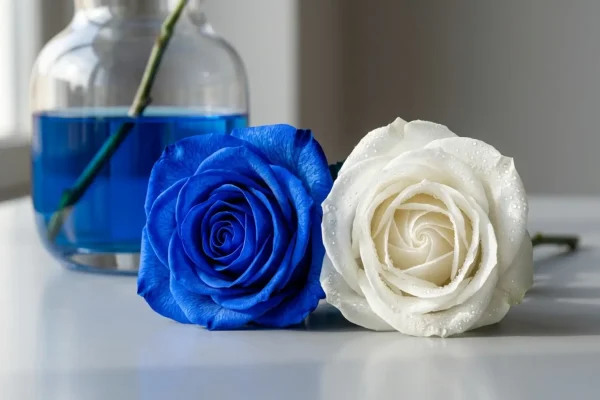 Een felblauwe roos in een glazen vaas vol water op een houten tafel.