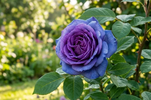 Een close-up van de 'Rhapsody in Blue' roos met diepe, blauwpaarse bloemblaadjes in een lentetuin.