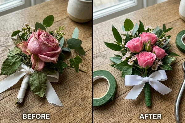 Een close-up van een handgemaakte rozencorsage met witte tape en gipskruid, klaar om opgespeld te worden.