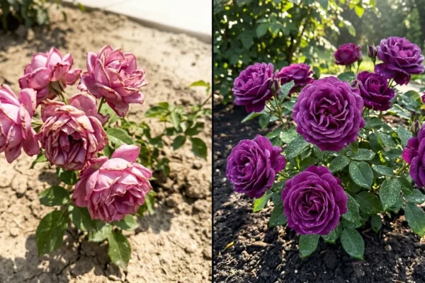 Een close-up van de bloemblaadjes van een diepe donkerlila roos, 'Rhapsody in Blue', met ochtenddauw.
