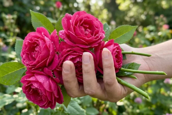 Een close-up van de bloemen van de doornloze roze klimroos 'Zephirine Drouhin' in een zonnige tuin.