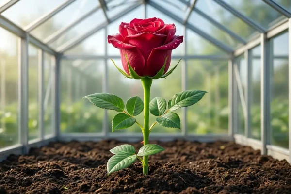 Bloeiende struik met grote dieprode echte Hollandse rozen in een strakke tuin.