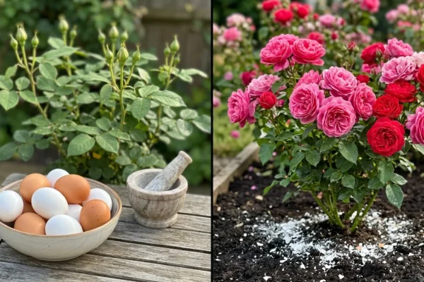 Fijngemalen witte eierschalen gestrooid rond de basis van een bloeiende rozenstruik in mei.
