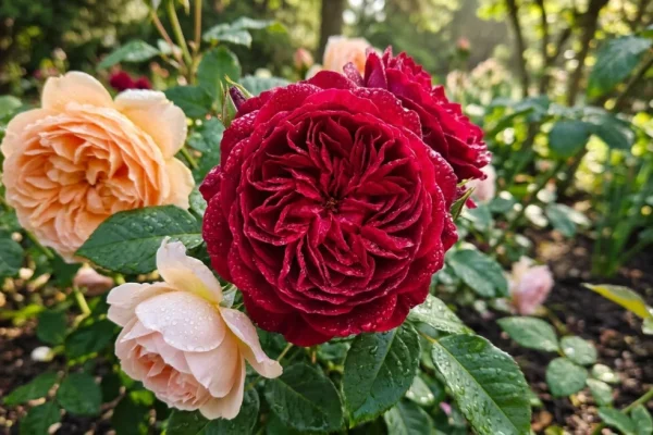 Een close-up van een zeldzame, abrikooskleurige David Austin roos met een complex bloemhart, bloeiend in een Nederlandse tuin.