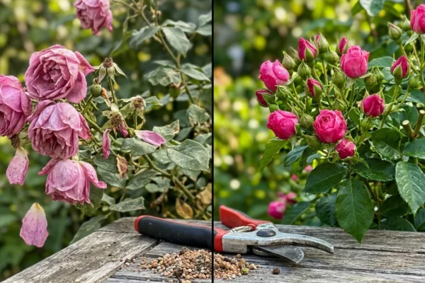 Een hand met een scherpe snoeischaar knipt een uitgebloeide roos weg boven een vijfbladig blad om nieuwe knoppen te stimuleren.