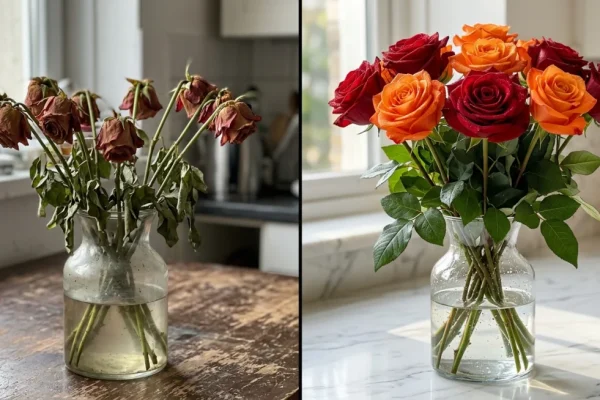 Een close-up van een premium bos oranje FloraHolland rozen in volle bloei, geplaatst in een heldere glazen vaas.