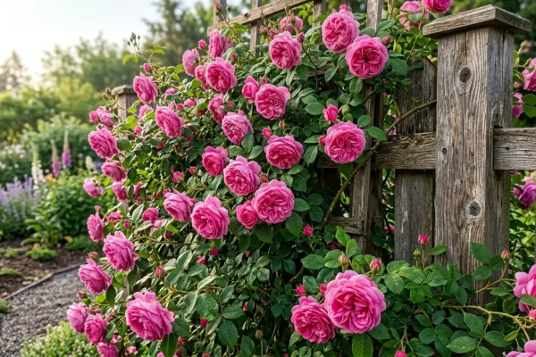 Prachtige roze klimroos in volle bloei langs een pergola