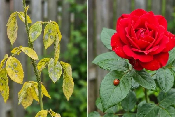 Bloeiende roze rozenstruik zonder schimmels of bladluizen in een ecologische tuin.