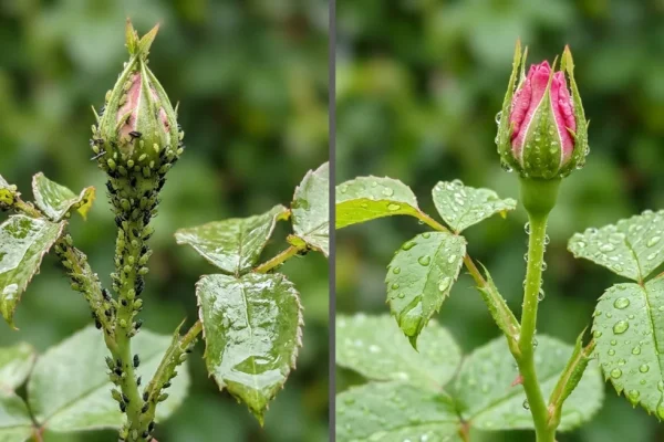 Een close-up van een rozenknop bedekt met groene bladluizen, met op de achtergrond een hand die een plantenspuit vasthoudt.