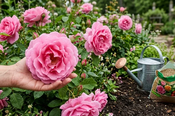 Een close-up van een volledig bloeiende grootbloemige roze roos, zoals de 'Queen Elizabeth', met dauwdruppels op de bloembladeren.
