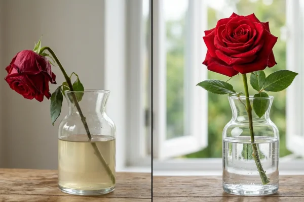 Een weelderig boeket van roze en rode grootbloemige snijrozen in een smetteloze glazen vaas.