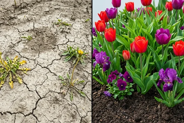 Bloeiende Nederlandse tuin met tulpen en inheemse planten