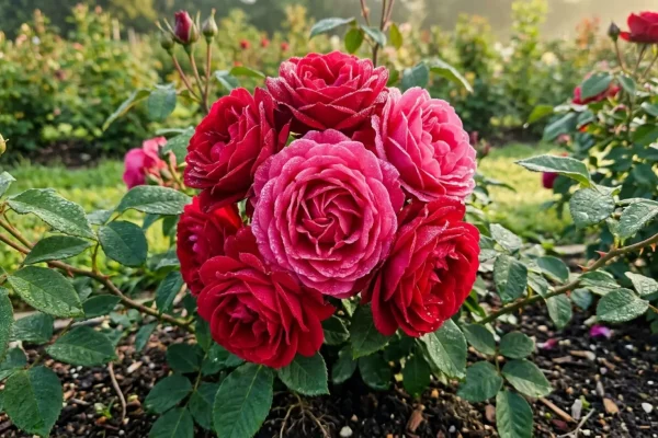 Bloeiende rode en roze rozen in een professionele Nederlandse kwekerij.