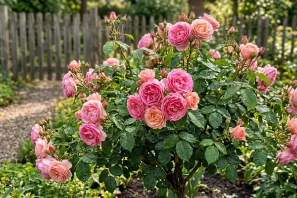 Een close-up van een gezonde, rijkbloeiende trosroos uit de collectie van Jan Spek Rozen in een zomerse tuin.