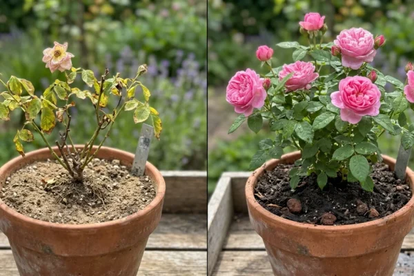 Een gezonde, rijkbloeiende roze roos in een terracotta pot gevuld met donkere, voedzame aarde.