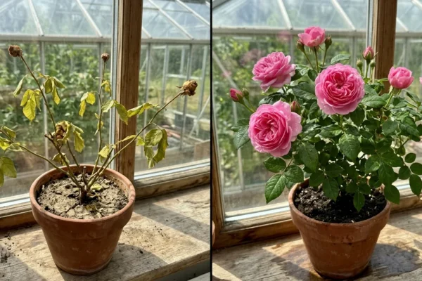 Een gezonde, rijkbloeiende roze kasroos in een terracotta pot op een lichte vensterbank.