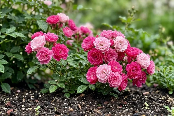 Compacte roze dwergroos in volle bloei in een terracottapot