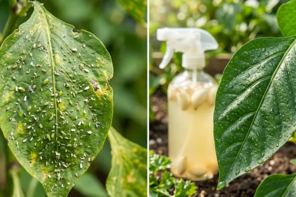 Een hand die een plant besproeit met zelfgemaakt knoflookwater uit een plantenspuit in een moestuin.