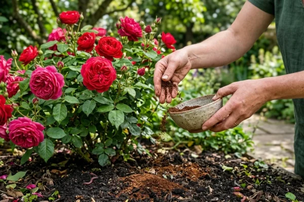 Een hand strooit gedroogd koffiedik rond de voet van een bloeiende rozenstruik in een tuin.