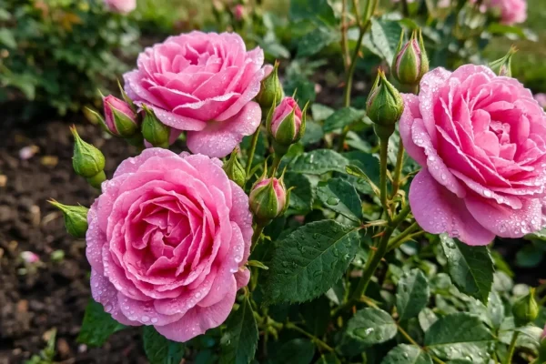 Een weelderige struik met helder roze, doorbloeiende rozen in een zonnige tuin.