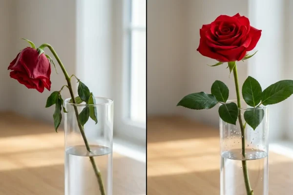 Glazen vaas met prachtig bloeiende rode en roze snijrozen op een zonnige tafel.
