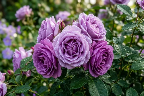 Een weelderige struik met bloeiende lavendelkleurige rozen in een zonnige border.