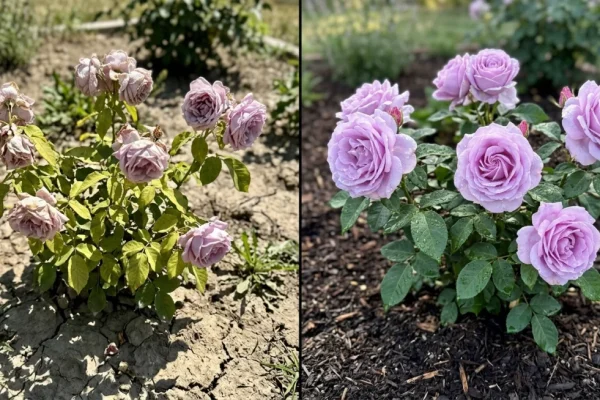Een close-up van een bloeiende lichtpaarse roos 'Novalis' in een Nederlandse tuin.
