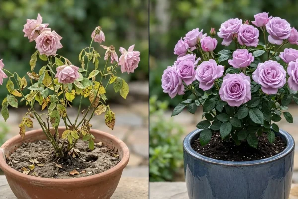 Prachtige lila rozen bloeiend in een grote terracotta pot op een balkon.