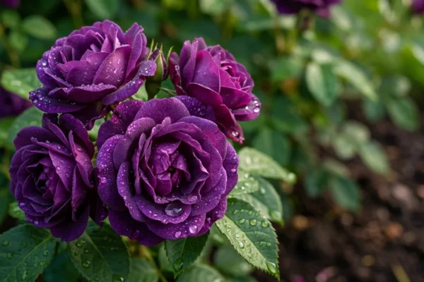 Een close-up van een dieppaarse roos, ras 'Rhapsody in Blue', met ochtenddauw in een Nederlandse tuin.