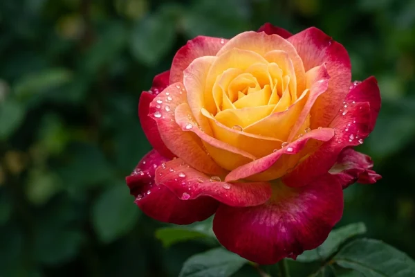 Een bloeiende meerkleurige roos met een felgele kern en roze randen in een zonnige bloementuin.