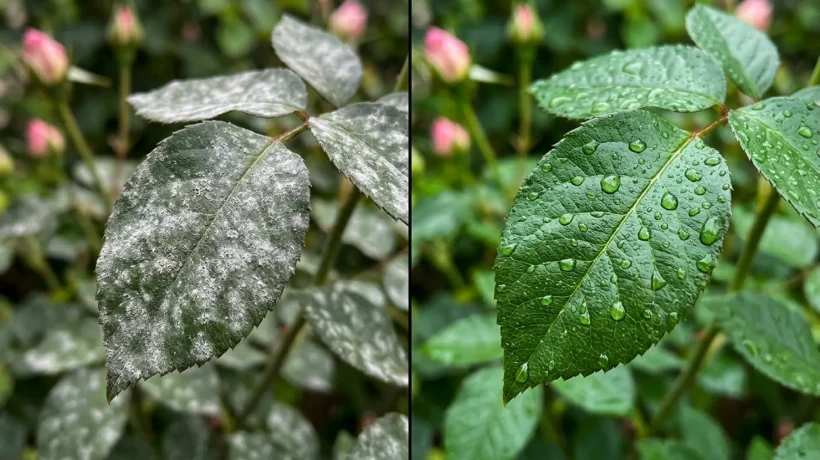 Rozenblaadjes bedekt met een lichte witte waas en een plantenspuit op de achtergrond.