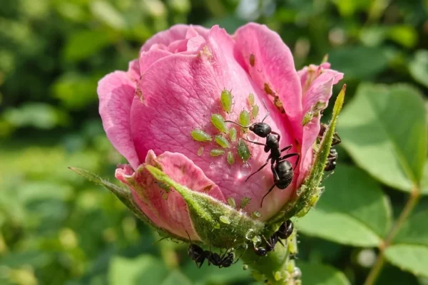 Close-up foto van mieren die actief zijn op een rozenknop bedekt met bladluizen.