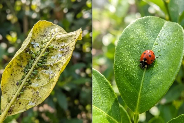 Groene plantenbladeren met een lieveheersbeestje dat bladluizen eet.