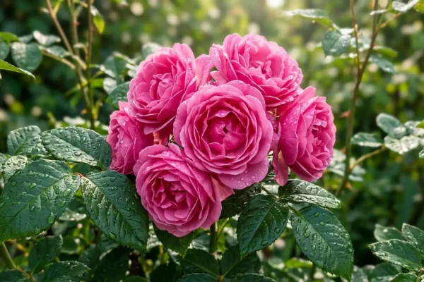 Sterke, bloeiende roze bodembedekkende rozen in een strakke, moderne voortuin.