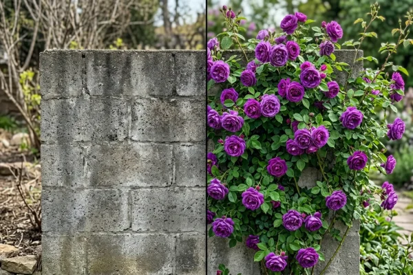 Bloeiende paarse klimrozen tegen een oude bakstenen muur.