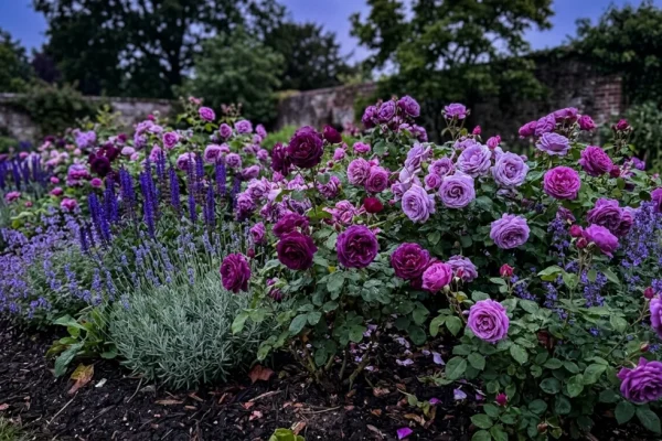 Een weelderige paarse rozen border in volle bloei gecombineerd met lavendel en salvia in een Nederlandse tuin.