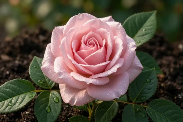 Gezonde struik met zachtroze rozen in een bloeiende border.