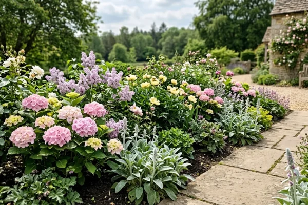 Zachtroze, zachtgele en lichtblauwe bloemen in een strak aangelegde bloemborder.