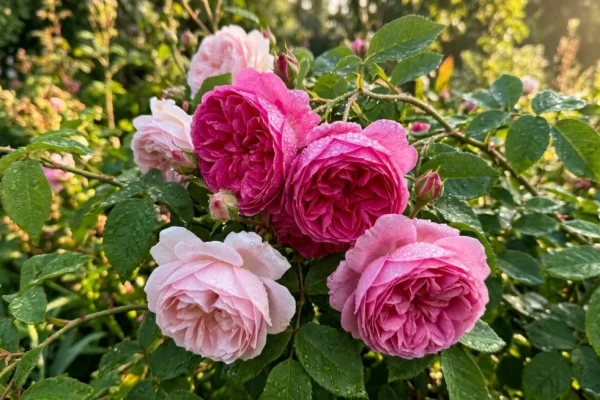 Een close-up van een weelderig bloeiende, populaire roze roos, waarschijnlijk een Engelse roos, met dauwdruppels op de blaadjes.