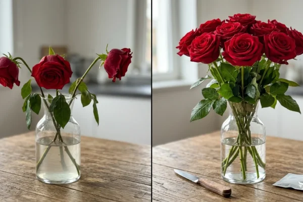Een close-up van een perfect bloeiende, fluweelrode Red Naomi roos in een glazen vaas met helder water.