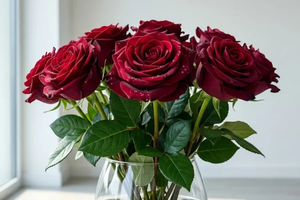 Bloeiende donkerrode Hollandse rozen in een glazen vaas met voeding.