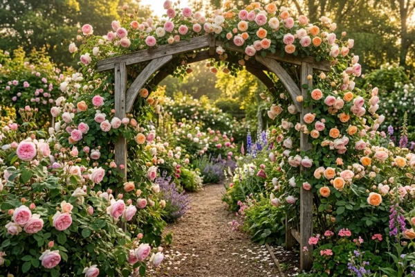 Een weelderige, romantische rozentuin met roze en witte Engelse rozen, een begroeide pergola en een houten bankje.