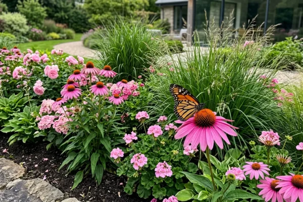 Een weelderige border vol bloeiende roze vaste planten en siergrassen.