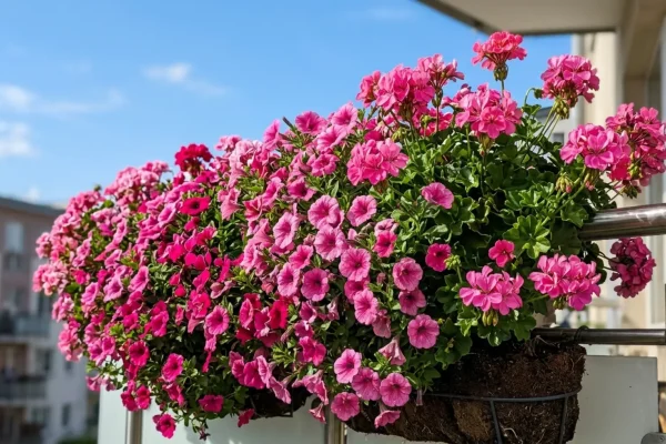 Een stadsbalkon vol bloeiende roze petunia's en hanggeraniums in bloembakken.