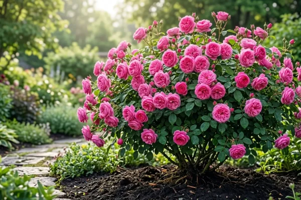 Een weelderig bloeiende roze heesterroos in een strak aangelegde, zonnige border.
