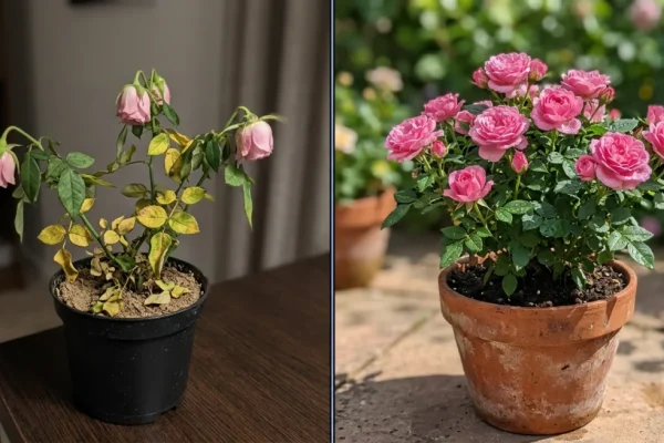 Een gezonde pot met rijkbloeiende roze miniatuurrozen op een zonnig terras.
